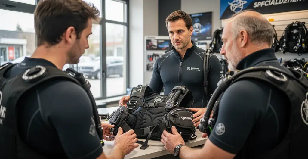 Conseiller et client examinant un gilet stabilisateur déployé sur un comptoir de magasin