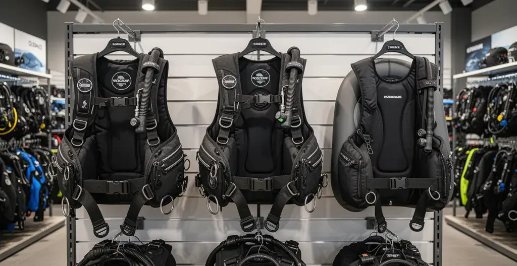 Trois types de gilets stabilisateurs exposés dans un magasin de plongée