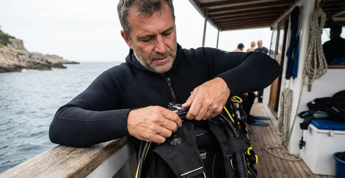 Plongeur ajustant les sangles de son gilet stabilisateur sur le pont d'un bateau