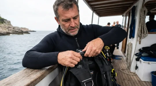 Plongeur ajustant les sangles de son gilet stabilisateur sur le pont d'un bateau