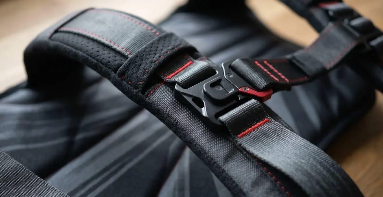 Détail des bretelles et sangles d'un gilet de plongée montrant l'ergonomie et le confort.