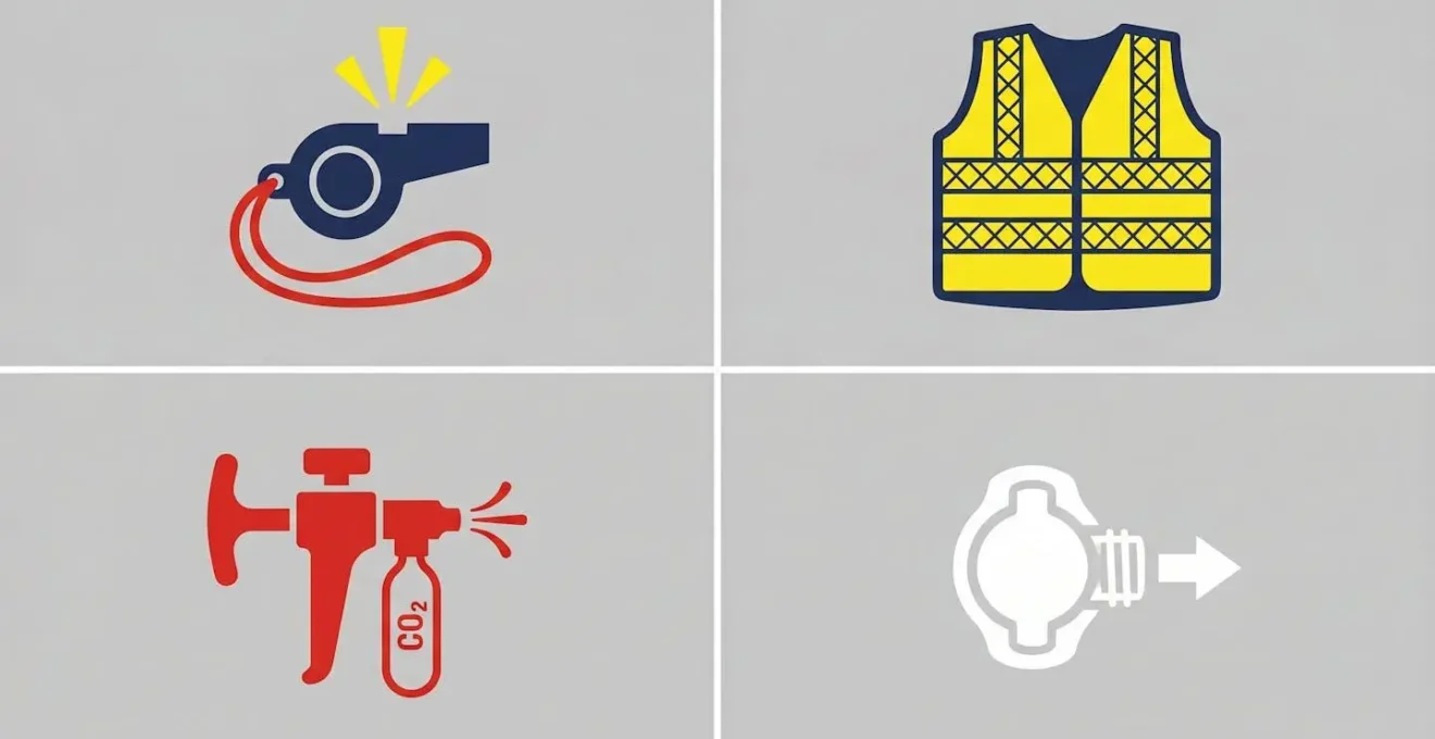 Icônes des éléments de sécurité obligatoires sur un gilet de plongée.