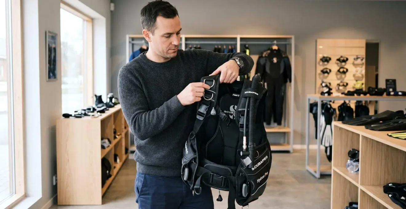Un plongeur examinant un gilet stabilisateur dans un environnement de magasin spécialisé.