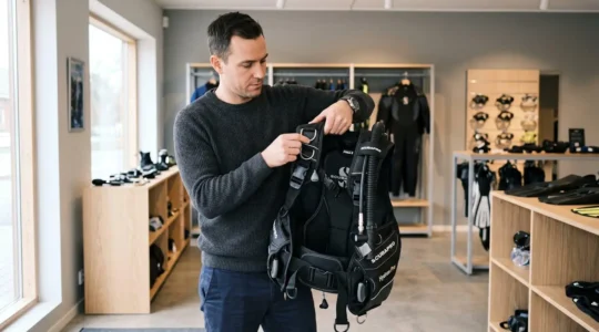 Un plongeur examinant un gilet stabilisateur dans un environnement de magasin spécialisé.